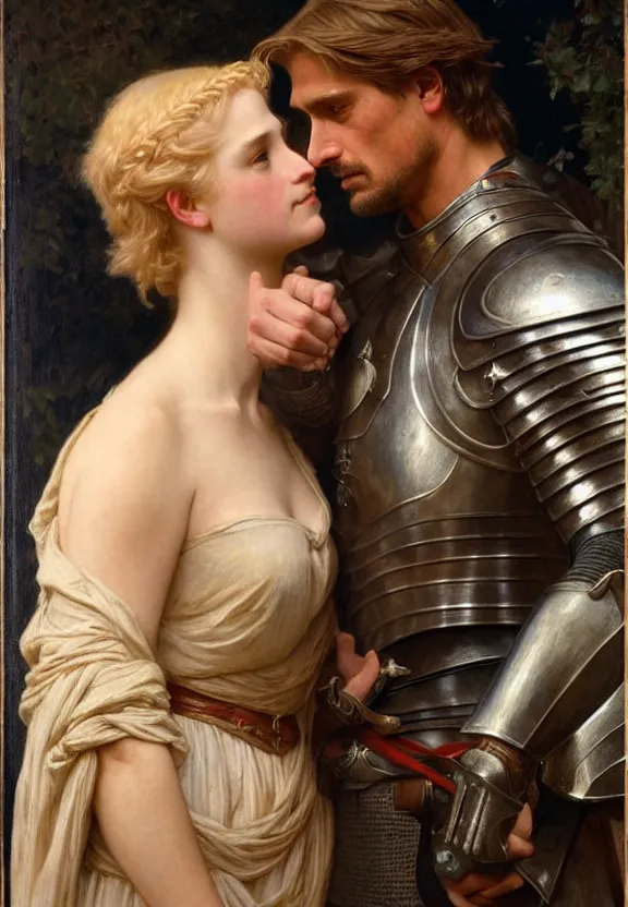 Image similar to attractive handsome fully clothed jaime lannister confesses his love for attractive fully armored lady knight brienne of tarth. highly detailed painting by gaston bussiere and j. c. leyendecker and william adolphe bouguereau, musee d'orsay 8 k