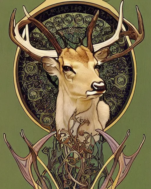 Image similar to an art nouveau painting of a deer with antlers, highly detailed, intricate, artstation, by alphonse mucha and james gurney