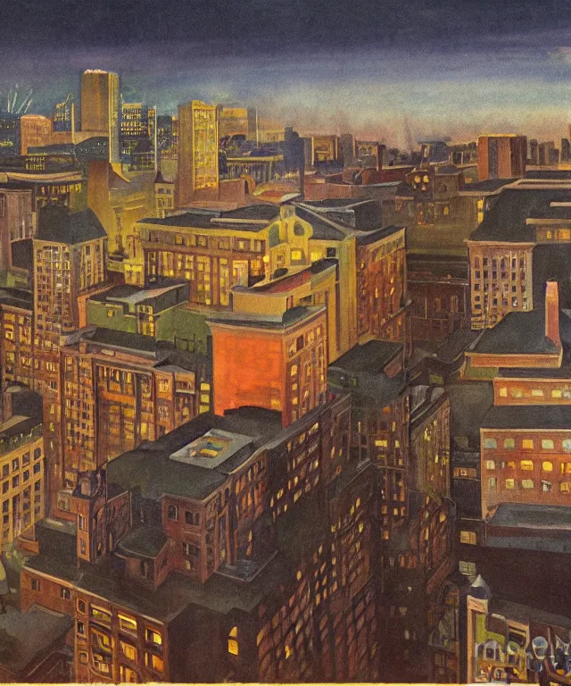 Image similar to horrifying full color photorealistic painting of the view from a 1 9 2 5 hotel terrace balcony overlooking a warped view of downtown boston in 1 9 2 5 at night with a cosmic sky, dark, atmospheric, brooding, smooth, finely detailed, cinematic, epic, in the style of paul carrick