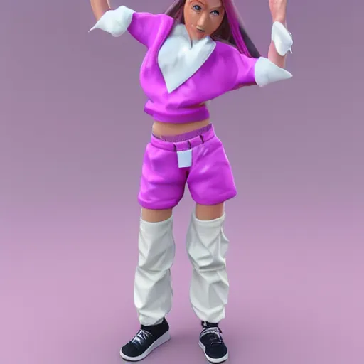 Image similar to y2k, late 90s, early 2000s pink and purple baggy outfit 3d character model render, detailed, white background, 4k, aesthetic