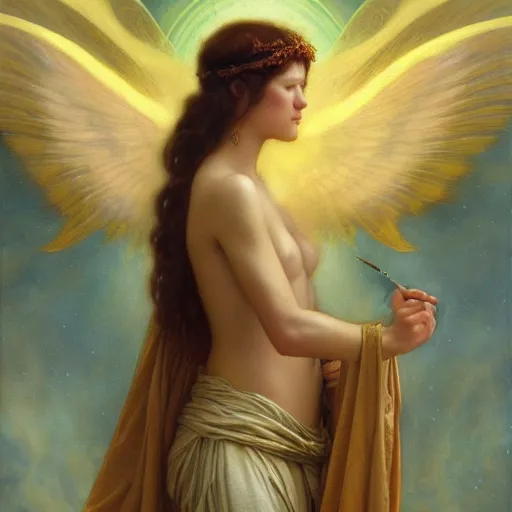 Image similar to highly detailed oil painting | very intricate | cinematic lighting | award - winning | the beautiful angel of the sun wearing a flowing toga | by roberto ferri, by tom bagshaw, by j. c. leyendecker and klimt, beautiful cinematic light, american romanticism, by austin osman spare, artstation, cgsociety, official art, octane