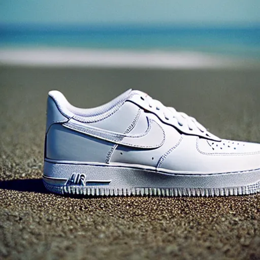 Image similar to photo of white nike air force one sneaker on a beach, color film photography, 3 5 mm,