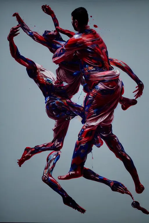 Image similar to bodies entwined in a fight, extremely intricate and detailed, by painted by francis bacon, conor harrington, adrian ghenie, and james jean. 8 k cinematic lighting, hyper realism