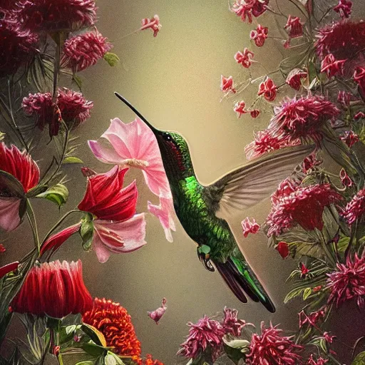 Image similar to hummingbird, background covered with fine floral ornaments, eye - level medium - angle shot, intricate, floral background, by esao andrews, by m. w. kaluta, by yoshita amano, romantic, intricate, natural lighting, smooth, fine art, 3 d octane render, depth perception, 4 k,, artstation