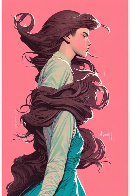 Image similar to concept art design illustration, teen girl walking away alone street flowing hair, fantasy book cover illustration!!, 1 6 colors, logo, ink drawing, art by jc leyendecker and sachin teng