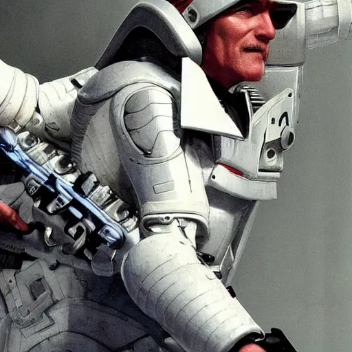 Image similar to close up photograph of an old man who is a veteran of many futuristic wars with short gray hair and blue eyes. he is wearing a white futuristic suit of heavy combat armor and holding a blaster in one hand and a plaster plazma - proof shield in the other. riding a white armored motorcycle charging into enemy lines while firing plasma bolts. scifi