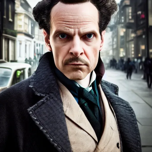 Prompt: [UHD candid photo of Professor Moriarty on the streets of futuristic steampunk London, correct face, accurate details, graphic detail, sharp focus by Annie Leibowitz]