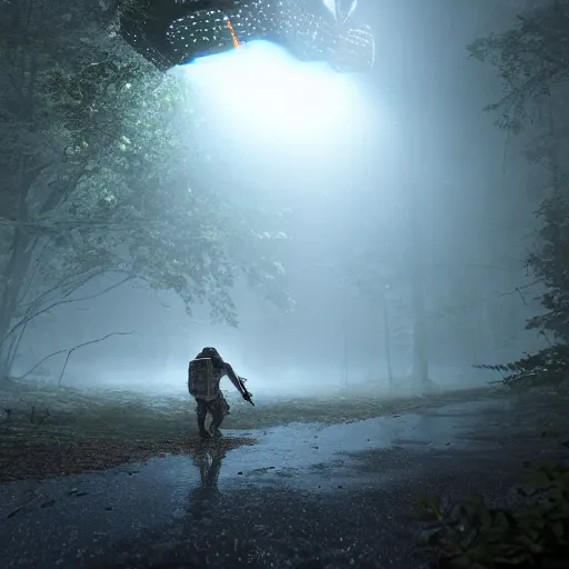 Image similar to drone footage of soldier against huge alien arachnoid bug from starship troopers movie on the old road in the forest lomography photo, playstation 5 screenshot, fine details, rain, rtx reflections, fog, night, photorealistic, unreal engine, octane render, volumetric light, featured on cg society, 4 k, 5 0 mm bokeh