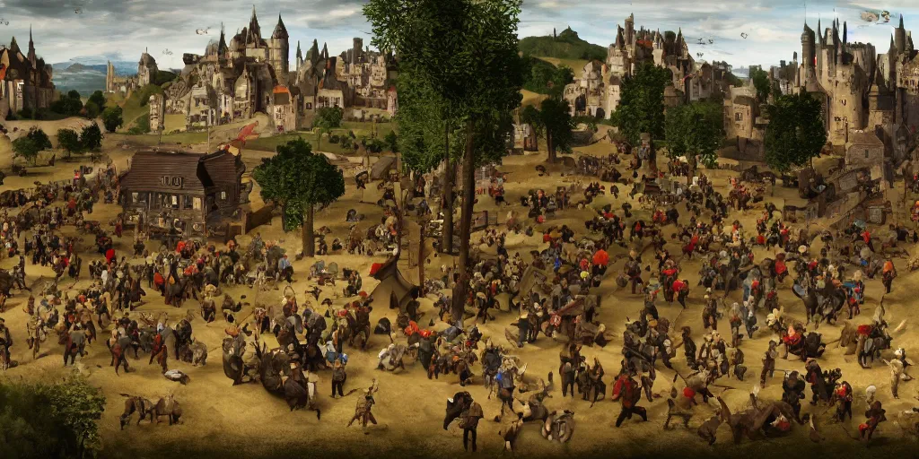 Prompt: RTS gameplay third person in style of Brueghel, painting, Stronghold strategy gameplay, high detailed, fantasy, medieval, buildings, castle, armored units, RPG, high contrast, octane render