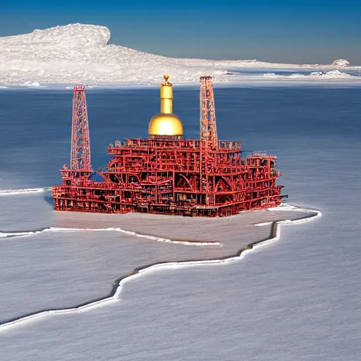 Prompt: Oil platform with orthodox temple on it surrounded by ice