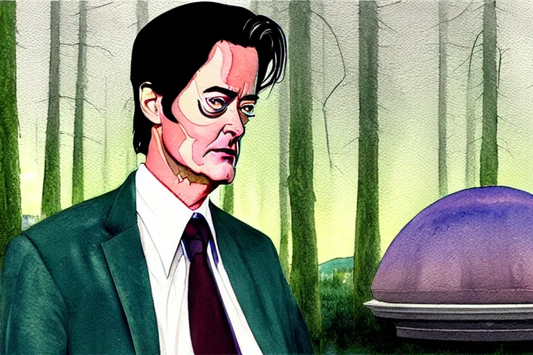 Prompt: a hyperrealist watercolour character concept art portrait of kyle maclachlan from twin peaks on well lit night in the forest with city lights. a ufo is in the background. by rebecca guay, michael kaluta, charles vess and jean moebius giraud