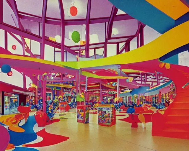 Image similar to the interior of a colorful dr. seuss - themed 1 9 8 0 s mall with mall - goers