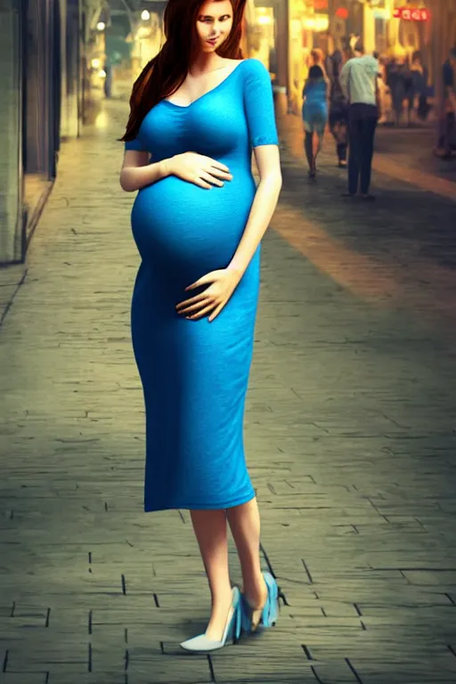 Image similar to pregnant woman in a small blue dress on night street, highly detailed, sharp focused, ultra realistic digital concept art by Edwin Longsden