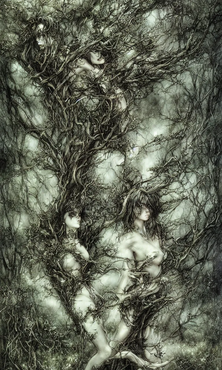 Prompt: life and death mixing together rosses, trees, grass, by luis royo