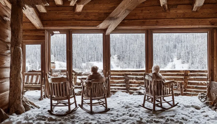 Image similar to old couple in rocking chairs living in old wooden chalet built in snowy mountains, snowing, trees, hyperdetailed, artstation, cgsociety, 8 k