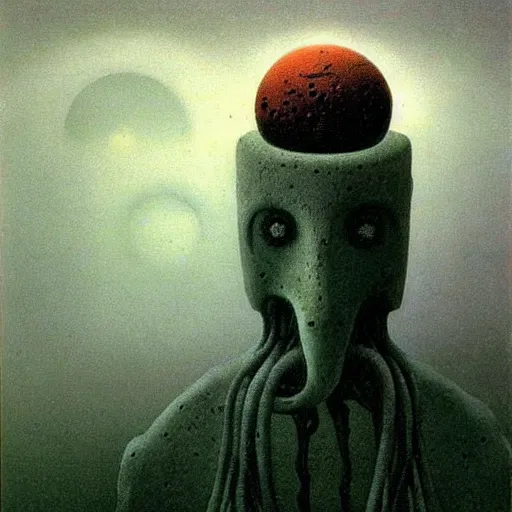 Image similar to ancient robot beksinski, eldritch, apocalypse, creepy creature, horror spooky