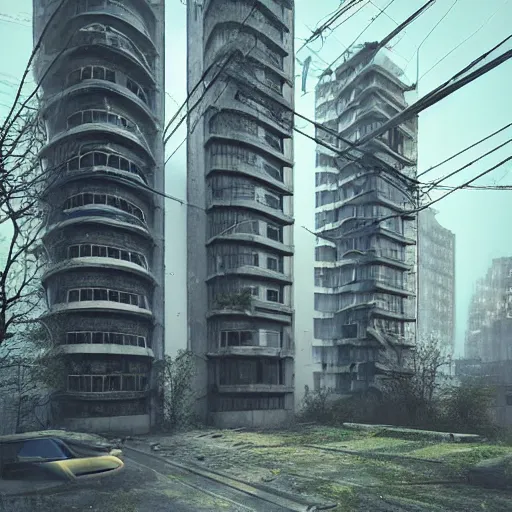 Image similar to “derelict architecture buildings, building designed by Richard Rogers, architecture digest, building surrounded in a nature environment, modern tones, fluorescent lighting,volumetric Lighting, cyber punk, photorealism, high detail, golden ratio, cinematic, octane renderer”