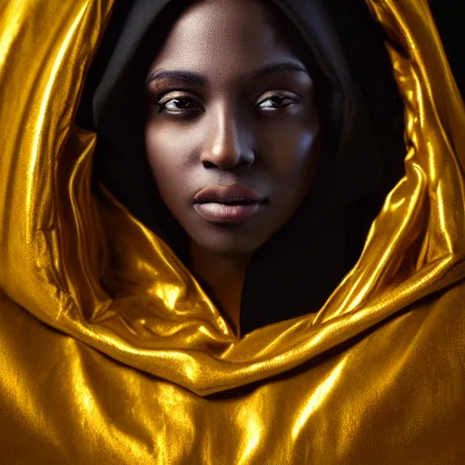 Image similar to a portrait of a young black woman wearing a long dark cloak, hood and shadows covering face, holding golden jewelry, oil painting, matte painting, black background, Volumetric Golden dappled dynamic lighting, Highly Detailed, Cinematic Lighting, Unreal Engine, 8k, HD, by Beksinski