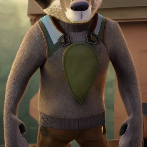 Image similar to far shot, 3d render , anthropomorphic wolf male , wearing along brown leather jacket , in the style of Zootopia