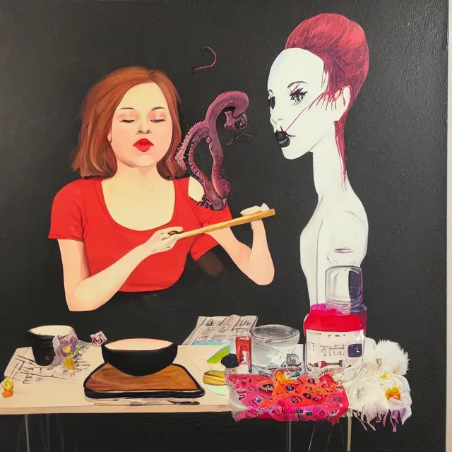 Prompt: a portrait in a female artist's bedroom, black walls, emo girl eating pancakes, sheet music on fire, berries, surgical supplies, handmade pottery, flowers, sensual, octopus, neo - expressionism, surrealism, acrylic and spray paint and oilstick on canvas