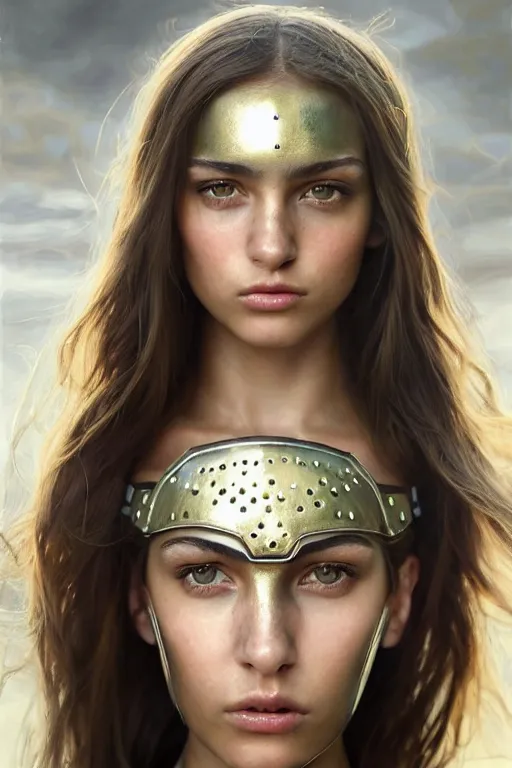 Image similar to a photorealistically painted portrait of an attractive young girl, partially clothed in metal-plated battle armor, with an abstractly painted background, flawless olive skin, fair complexion, long dark hair, beautiful bone structure, perfectly symmetric facial features, perfect photorealistic eyes, natural physique, intricate, elegant, digital painting, concept art, finely detailed, beautifully illustrated, sharp focus, minimal artifacts, volumetric lighting, from DOOM and Halo, by Ruan Jia and Mandy Jurgens and Artgerm and William-Adolphe Bouguerea, in the style of Greg Rutkowski, trending on Artstation, award winning art