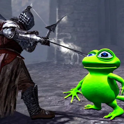 Image similar to Gavlan from Dark Souls 2 duelling Pepe the frog in melee combat