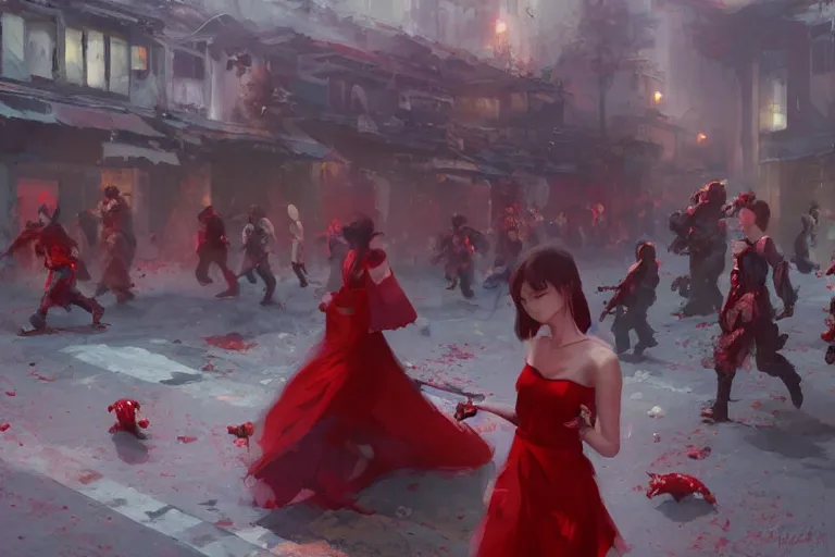 Prompt: a girl in a red dress walking in the middle of a street surrounded by zombies, Craig Mullins, krenz cushart, guweiz, wlop