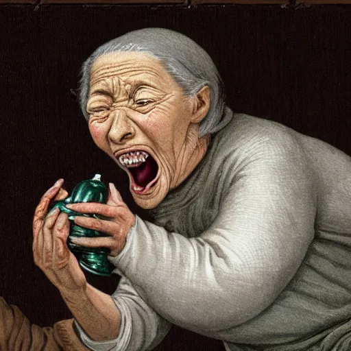 Prompt: an image of an old woman opening her mouth extremely wide and swallowing a whole goat like a pill