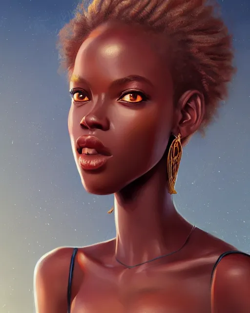 Prompt: portrait of a beautiful african girl, flowy blonde hair, cinematic lighting, highly detailed, digital painting, trending on artstation, pixiv, concept art, sharp focus, illustration, art by ross tran and wlop