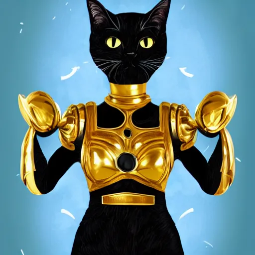 Prompt: a black cat wearing a gold armor outfit, a character portrait by hanns katz, shutterstock contest winner, afrofuturism, sci - fi, creative commons attribution, toonami