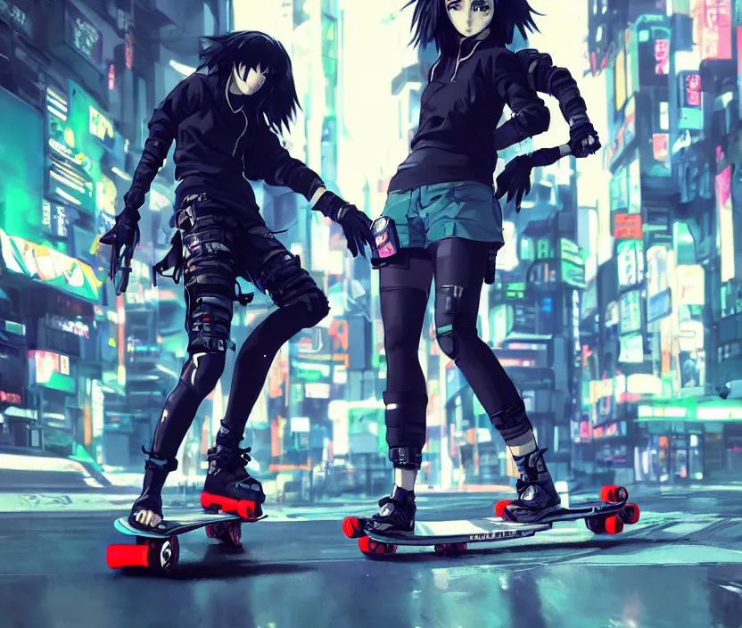 Prompt: cyberpunk anime girl flip skateboard, sport, neonpunk, alita, arcane, fortiche, action, tokyo street, detail, good face, pose model, concept art, in style of yoji shinkawa, pan ren wei, col price, atey ghailan, by greg rutkowski, aesthetic