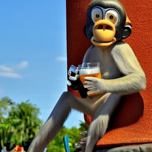 Image similar to cartoon style monkey drinking a beer on a pogo stick, disney,