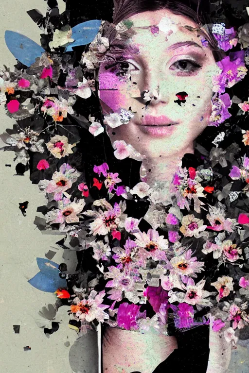 Image similar to glitch abstraction made from collage of female medieval faces mixed with flowers