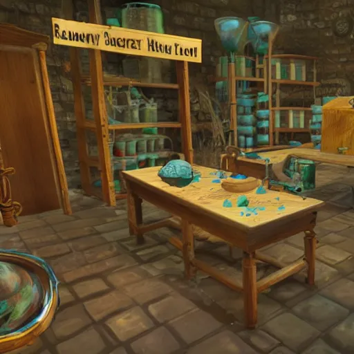 Image similar to ransacked alchemy laboratory with water on the floor, broken supplies on the floor, reagents spilling over the table