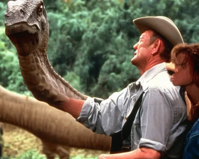 Prompt: john wayne as alan grant petting brachiosaurus in jurassic park (1993), movie still