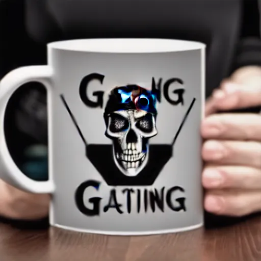 Image similar to a cup with a skeleton saying'gaming '!!!! on it,'gaming'