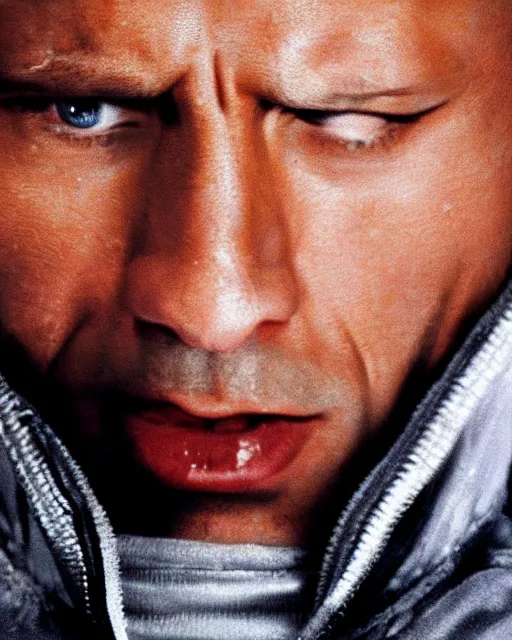 Image similar to Film still close-up shot of Dwayne Johnson as Rocky Balboa from the movie Rocky. Photographic, photography