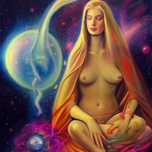 Prompt: A beautiful painting of feminine cosmic being with a nebula as its body by Jim Burns, Trending on artstation.