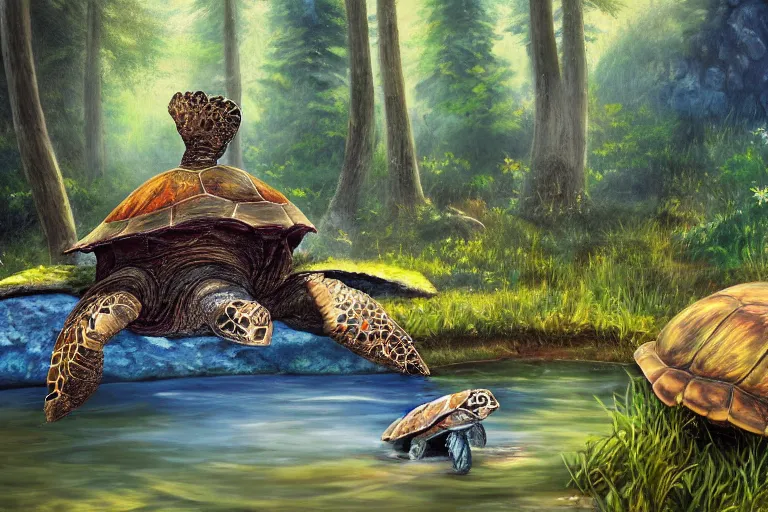 Image similar to highly detailed oil painting of a turtle man sitting in a steaming colorful hotspring with woodland forest backdrop, featured on artstation