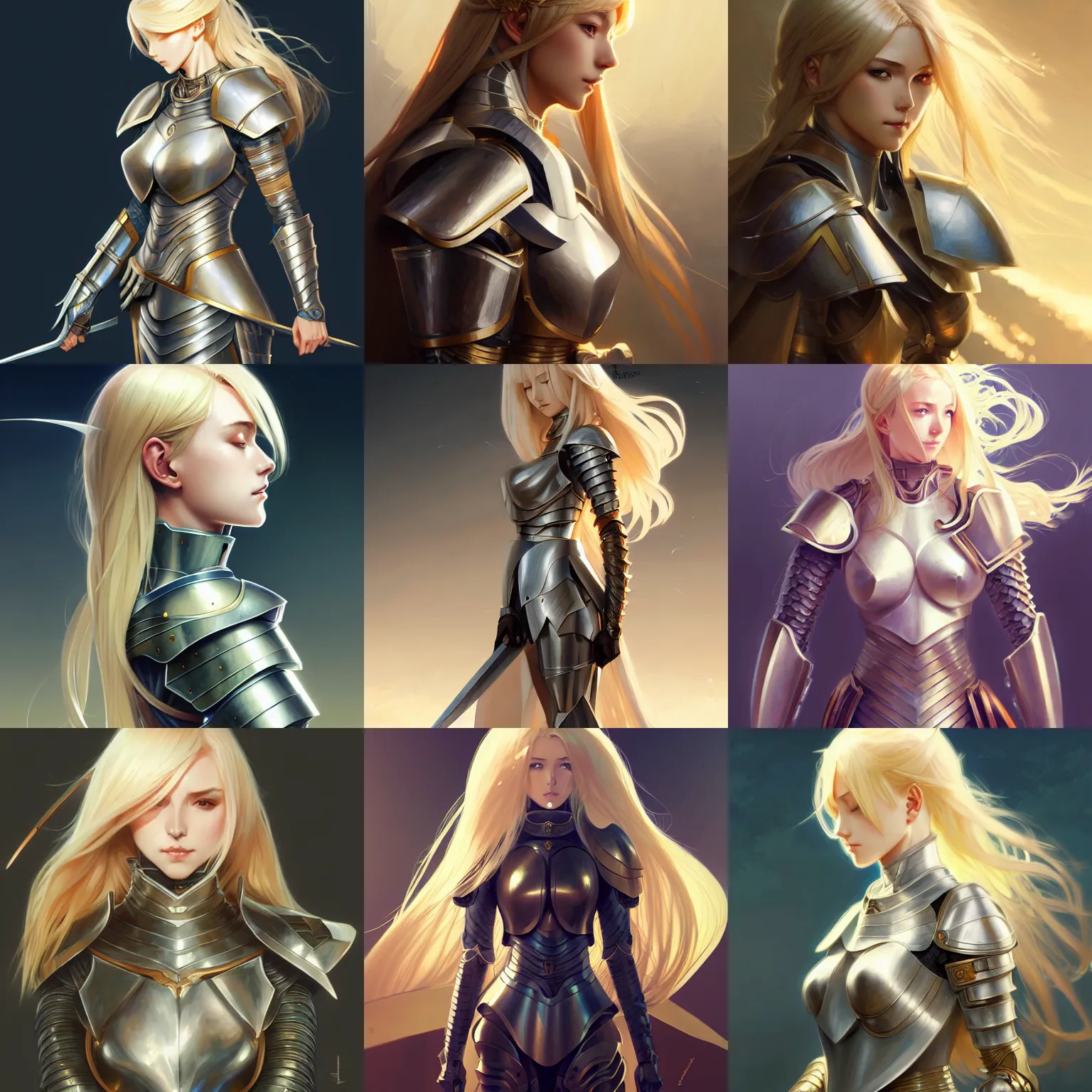 Prompt: beautiful anime knightess, hourglass slim figure, blonde hair, attractive features, metal armor, body portrait, slight smile, highly detailed, digital painting, artstation, concept art, sharp focus, illustration, art by wlop and greg rutkowski and alphonse mucha and artgerm