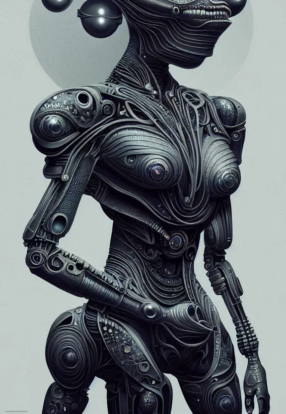 Image similar to ultra realist intricate detailed painting of a single attractive alien female, full body, curvy, black scales and cyborg tech, symmetry accurate features, very intricate details, focus, 8k render, artstyle Hiraku Tanaka and Tom Bagshaw, award winning