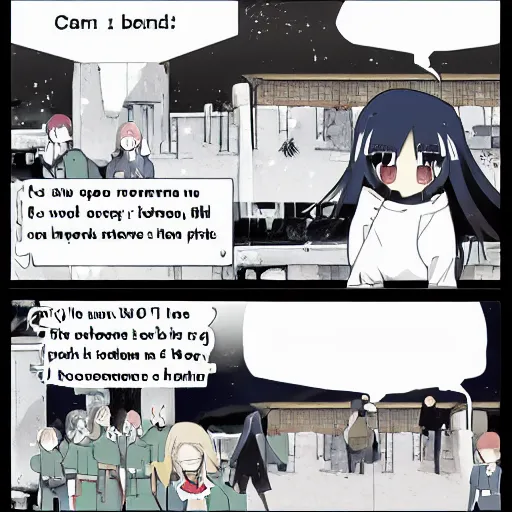 Image similar to comic drawn in pen, two panel meme, chito girls last tour, first panel contains speech bubble, fan art, anime,