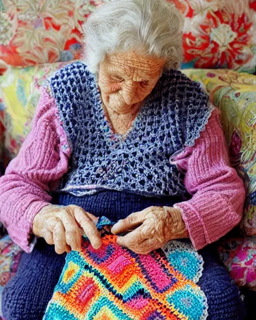 Image similar to a beautiful photograph of an elderly woman’s four hands as she’s crochets an Afghan, her four hands are highly realistic and accurate