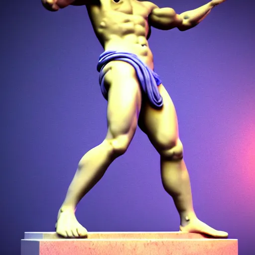 Image similar to unreal engine octane render houdini hyperreallistic render 8k marble statue of hercules vaporwave blue and pink neon background