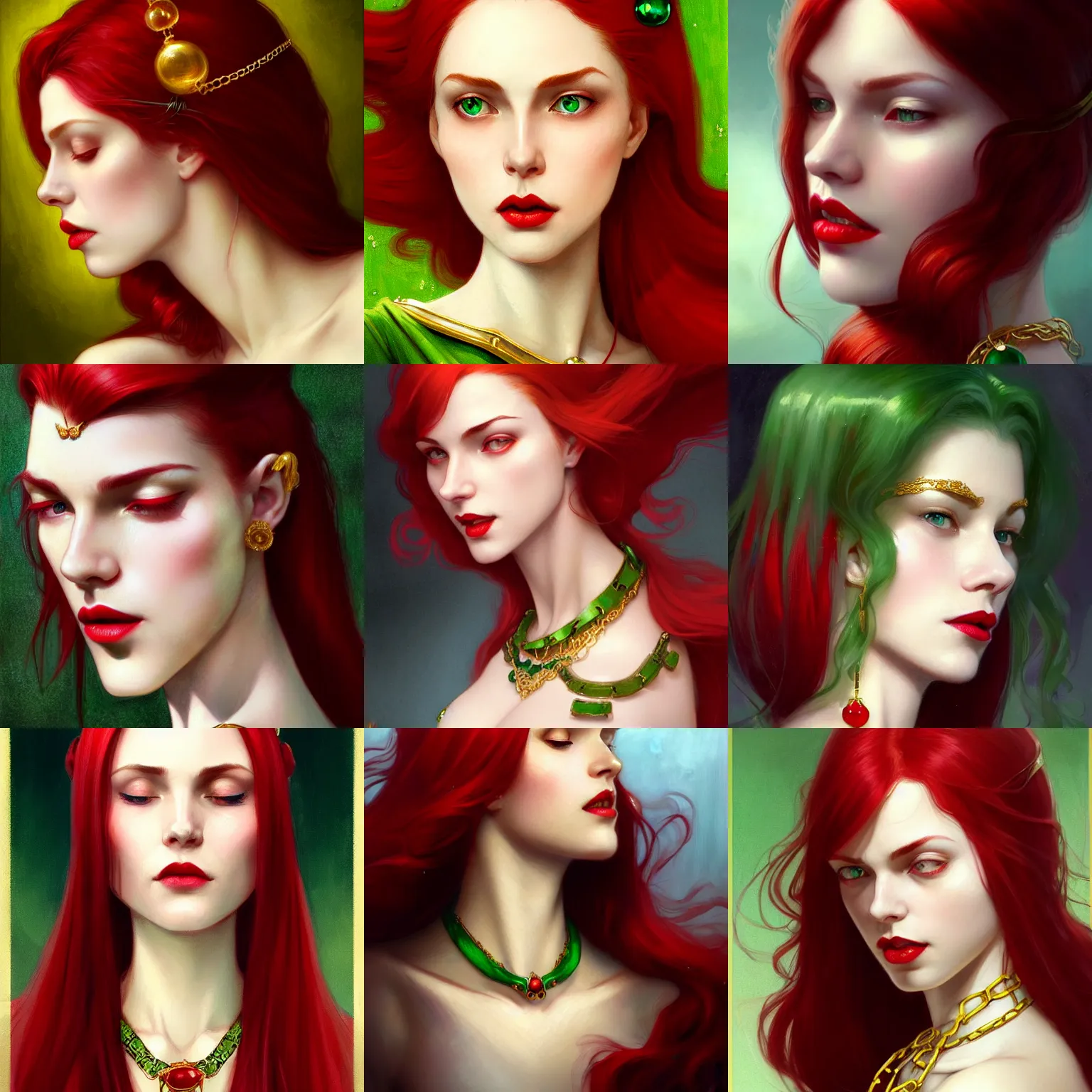 Prompt: beautiful pale woman with red hair and a golden chain on her forehead with a green gem, deep red lips, closeup, D&D, fantasy, elegant, highly detailed, digital painting, artstation, concept art, matte, sharp focus, illustration, art by Artgerm and Greg Rutkowski and Alphonse Mucha