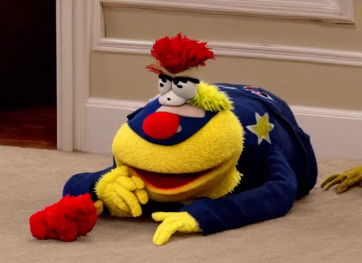 Image similar to sad ted cruz in curled up crying on the floor, on sesame street muppets laughing at him