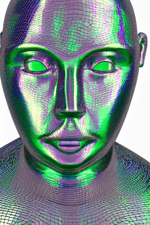 Prompt: 3d render of holographic angry human robotic angry bust made of glossy iridescent, angry, bust, body made of thin silver chain, a lot of thin silver chains, surrealistic 3d illustration of a human non-binary , non binary model, 3d model human, cryengine, made of holographic texture, holographic material, holographic rainbow, concept of cyborg and artificial intelligence