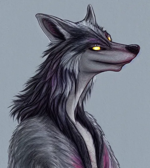 Image similar to expressive stylized master furry artist digital colored pencil painting full body portrait character study of the sergal wolf fursona animal person wearing clothes by master furry artist blotch