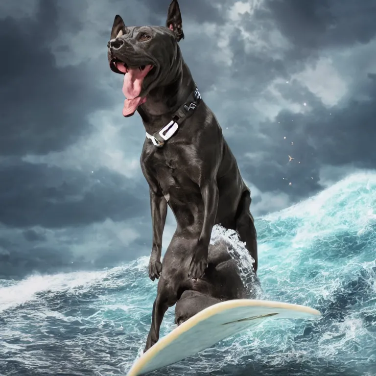 Image similar to photo of a dark charcoal coat pit bull with a white paws, surfing on a surfboard in a crashing wave of alien ocean in space, background is an alien galaxy, matte, aliens in the background, alien colors, octane render, unreal engine, wide view, 8 k, high detaild