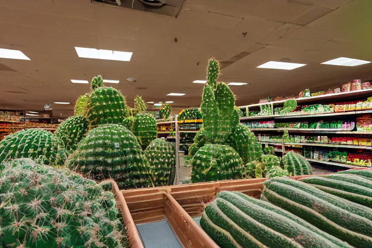 Prompt: 2001 y2k grocery store made of cactus, cactai repeats endlessly 85mm f/11 interior photography two point perspective,